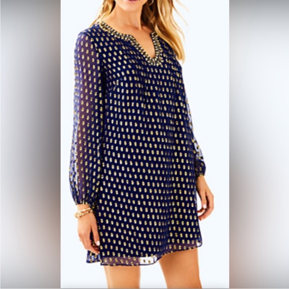Lilly Pulitzer Dresses & Skirts - Lilly Pulitzer Crinkle Clip Silk Jacquard Gold Metallic Dress Mini Navy Sz 8